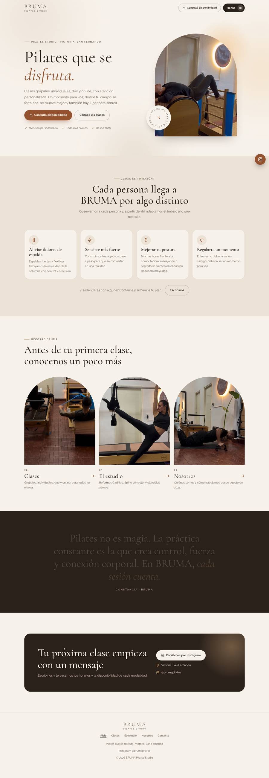 Web de BRUMA Pilates Studio (se recorre al pasar el mouse)